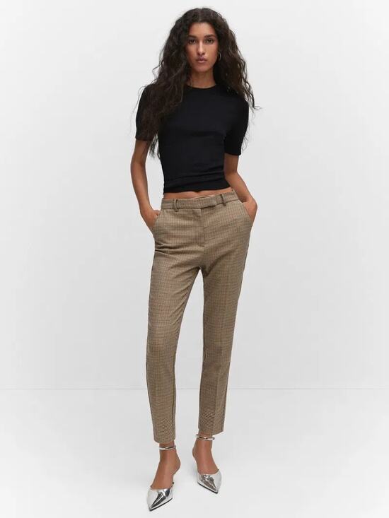 Mango Pants - NWT Mango Brown Micro Check Skinny Crop Pants Womens 6 Career Stretch